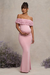 Blush Pink Mesh Floral Bardot Maternity Maxi Dress